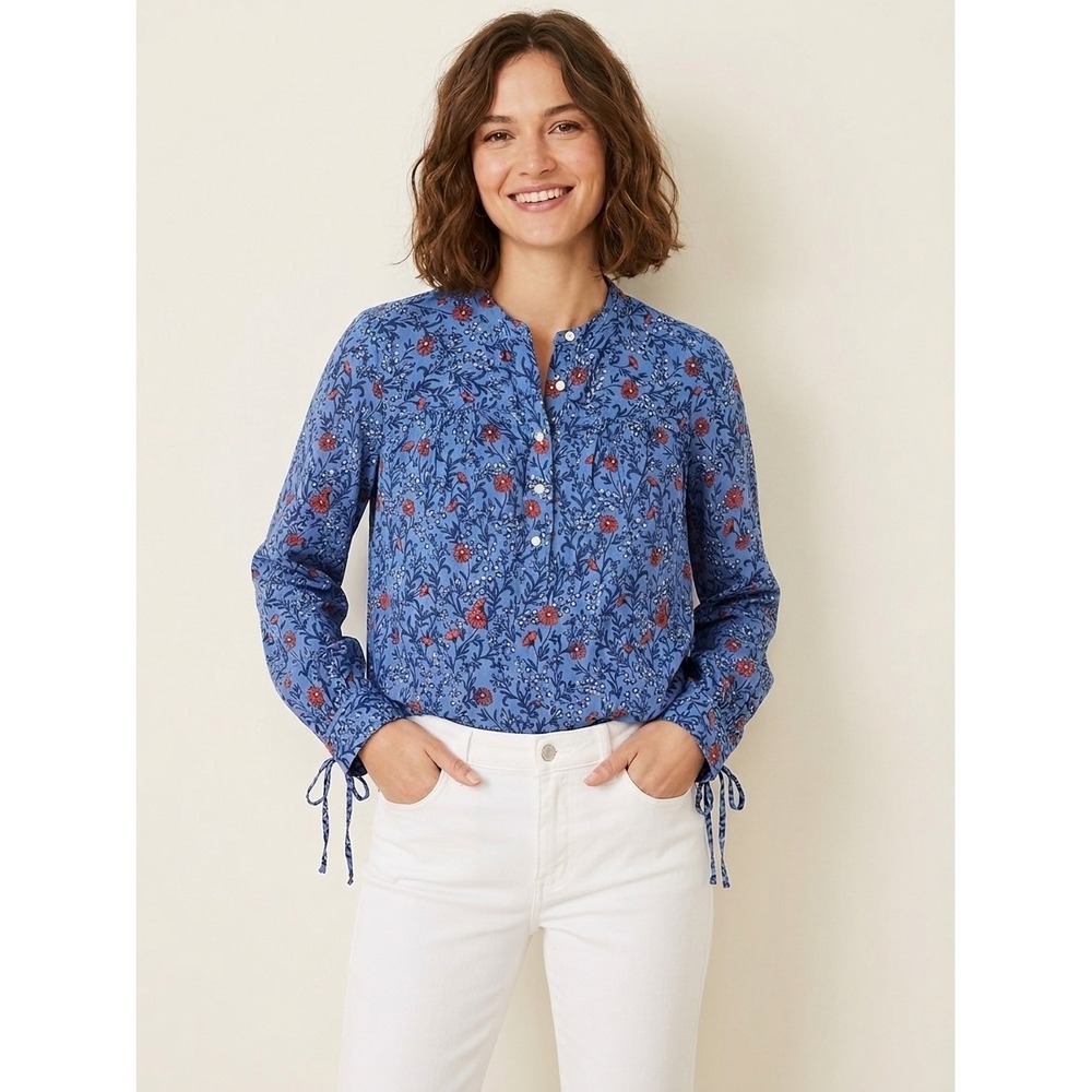 Ann Taylor LOFT The Softened Shirt M Blue Floral Blouse Cottagecore Prairie Boho